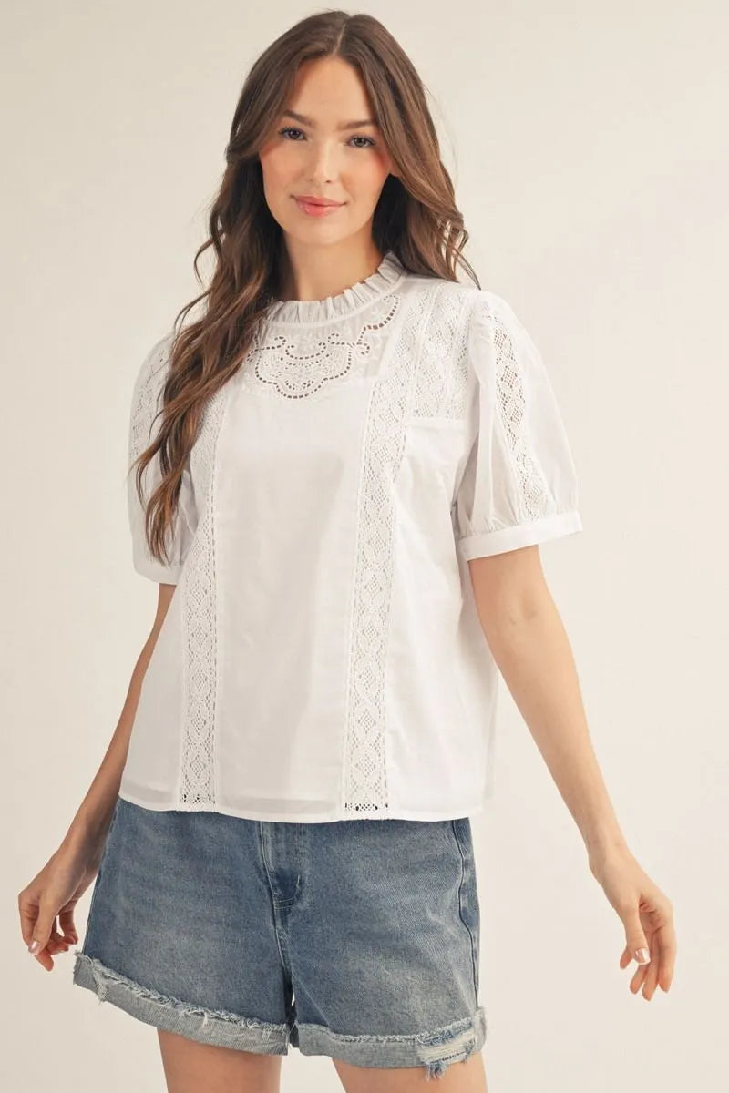 Jodiful White Puff Sleeve Lace Detail Top