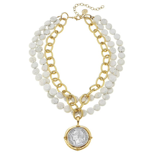 Handcast Gold and Silver Coin on Gold Chain and Genuine Whit
