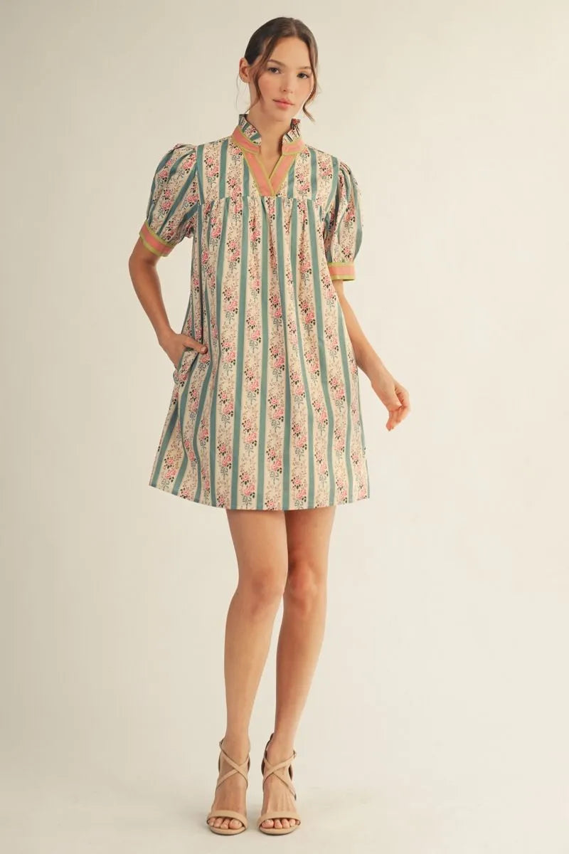 Joifl Jade Mix Hort Puff Sleeve Floral Babydoll Dress