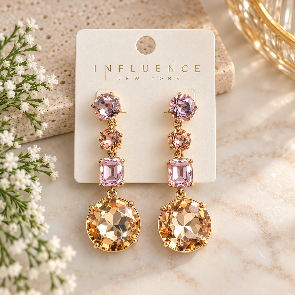 Pink and Gold glass stone earrings