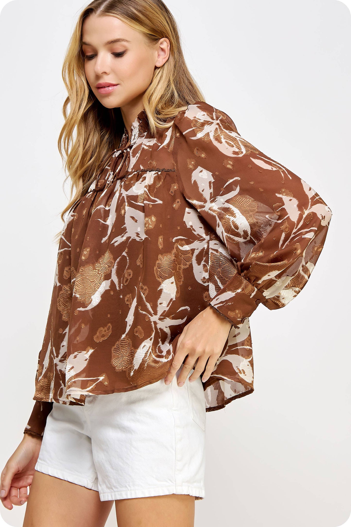 Contrast Scallop Trim Printed Blouse