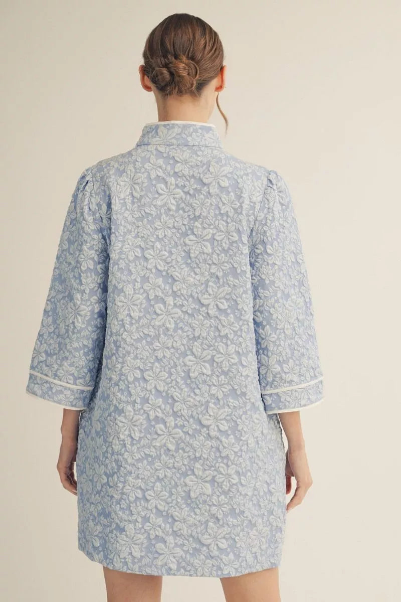 🤍 Floral Jacquard Dress with Mandarin Collar