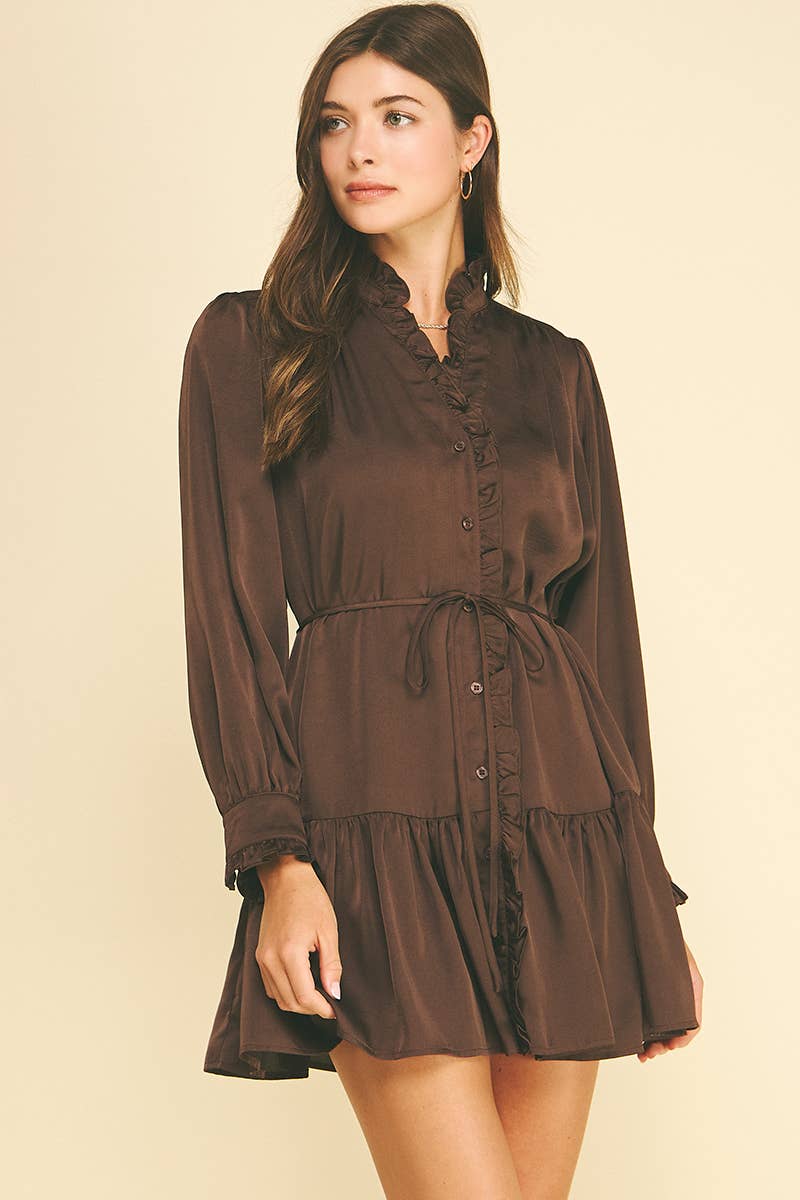 Espresso Satin Ruffled Tiered Mini Dress
