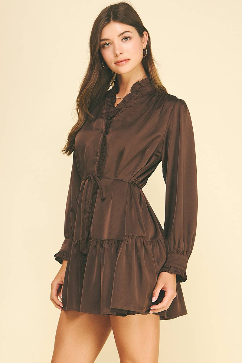 Espresso Satin Ruffled Tiered Mini Dress