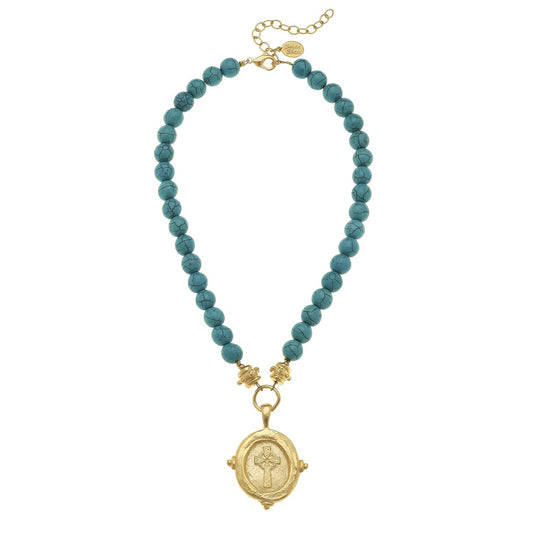 Genuine Turquoise with Italian Cross Intaglio Necklace