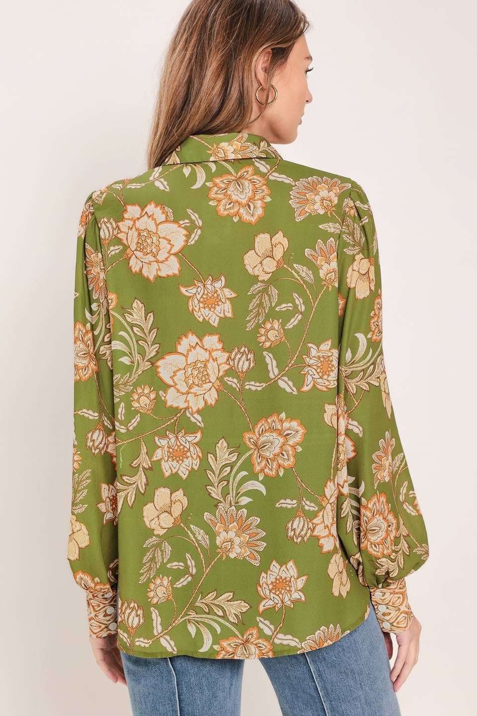 Olive Botanical Print Button-Down Blouse
