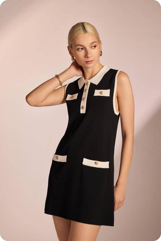 Collared Color Block Knit Polo Mini Dress