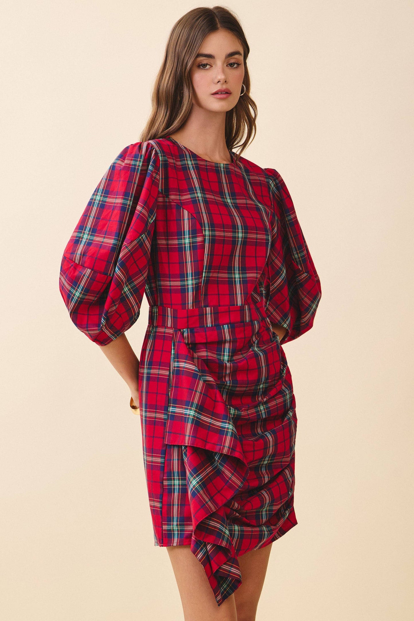 Plaid Puff Sleeves Cascading Ruffle Detail Dress