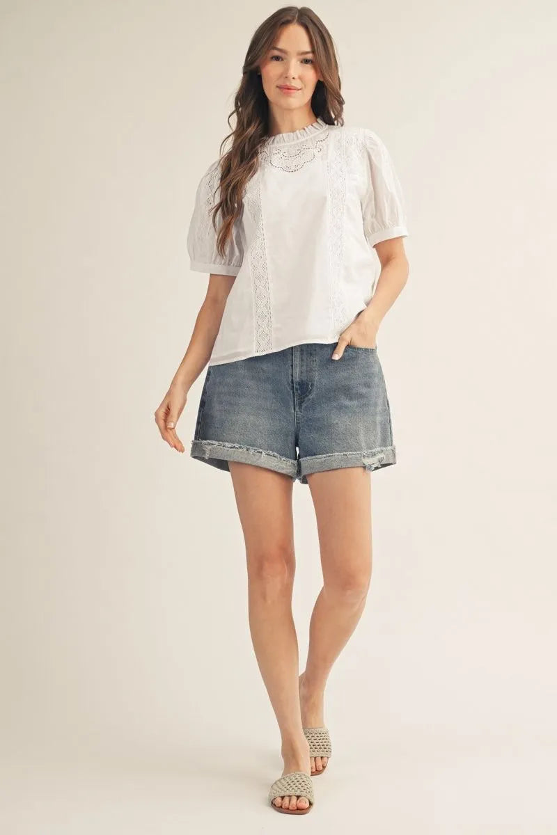Jodiful White Puff Sleeve Lace Detail Top
