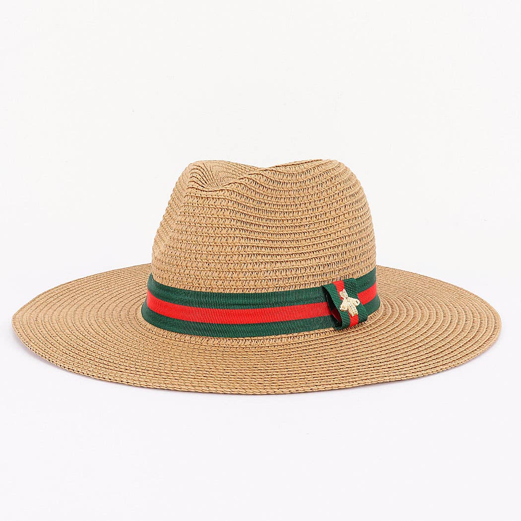 Faux Straw Fedora Hat with Bee Detail