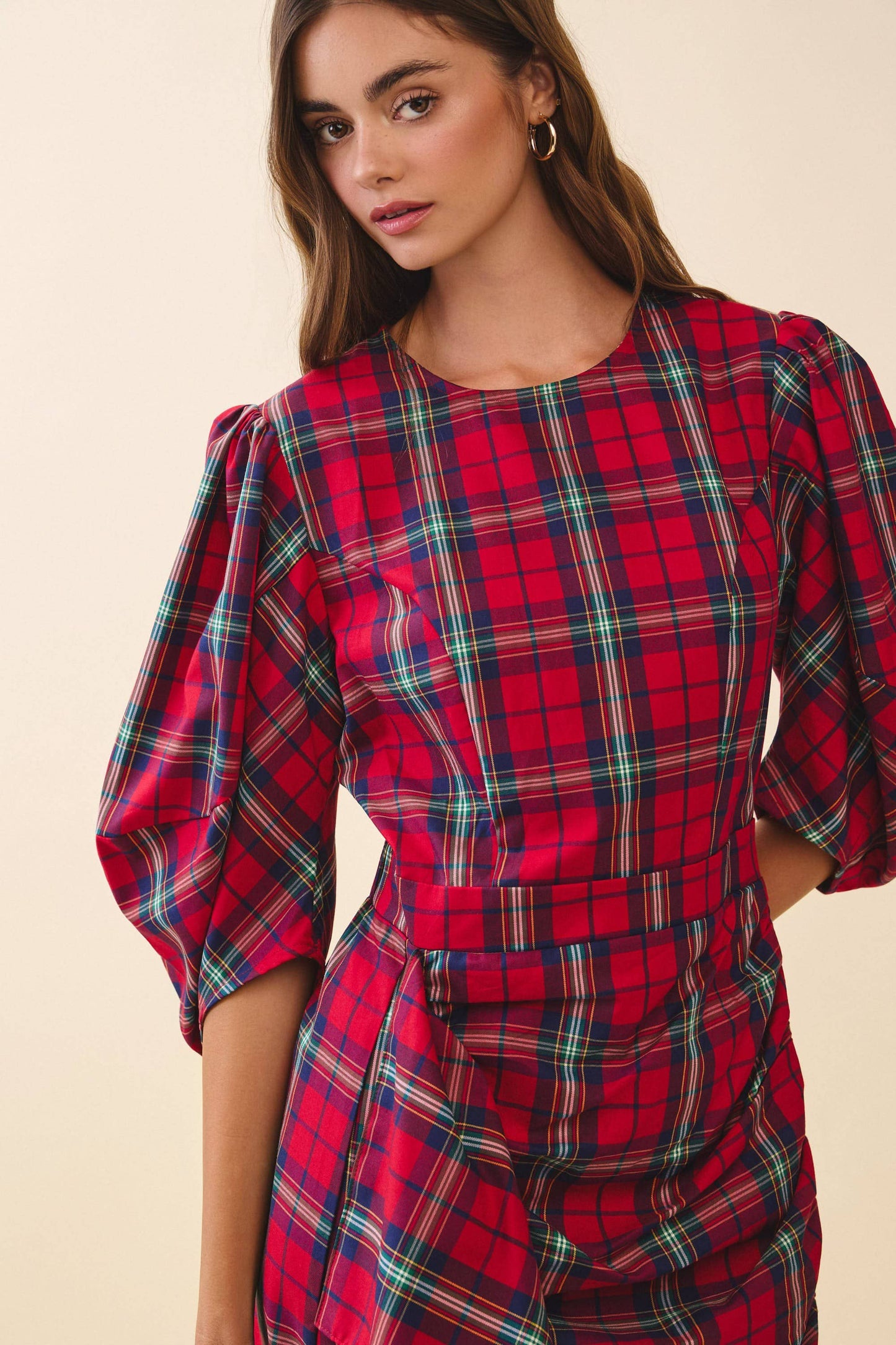 Plaid Puff Sleeves Cascading Ruffle Detail Dress
