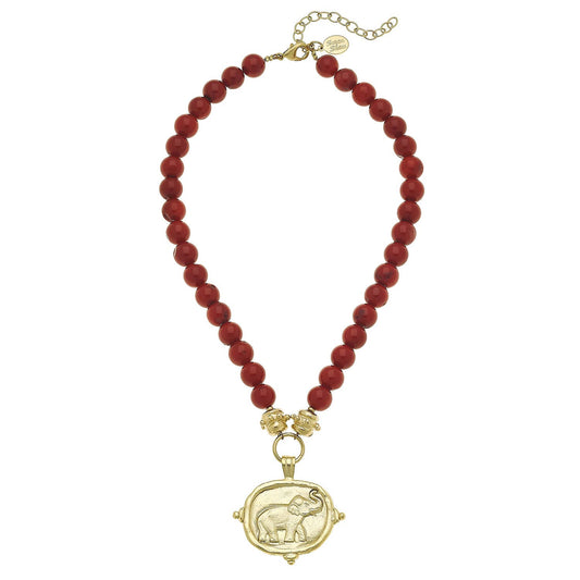 Gold Elephant on Red Coral Necklace