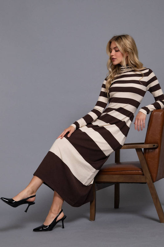Timeless Long Sleeve Turtle Neck Rugby Stripe Maxi Dress