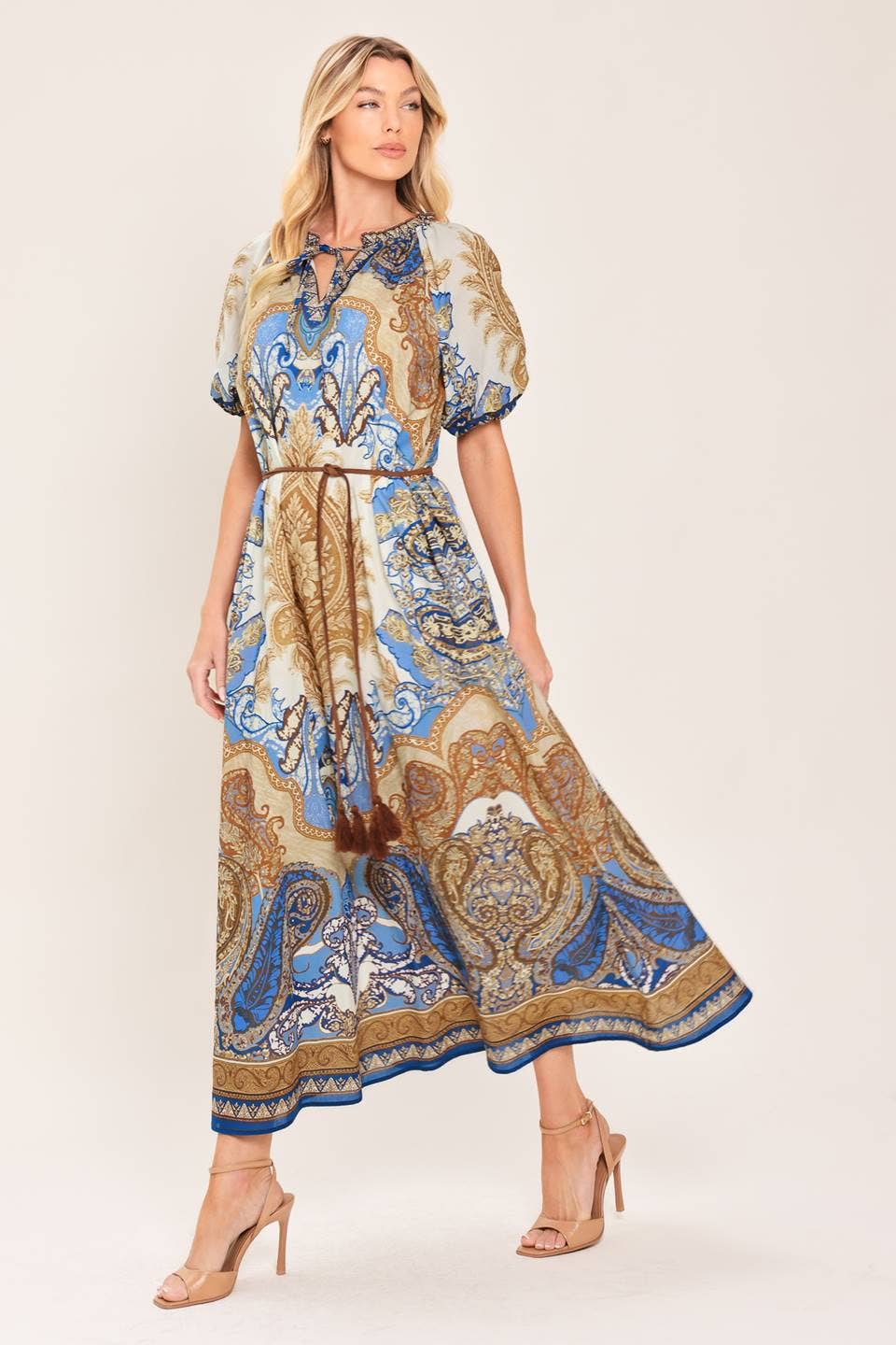 Blue & Mocha Paisley Belted Midi Dress