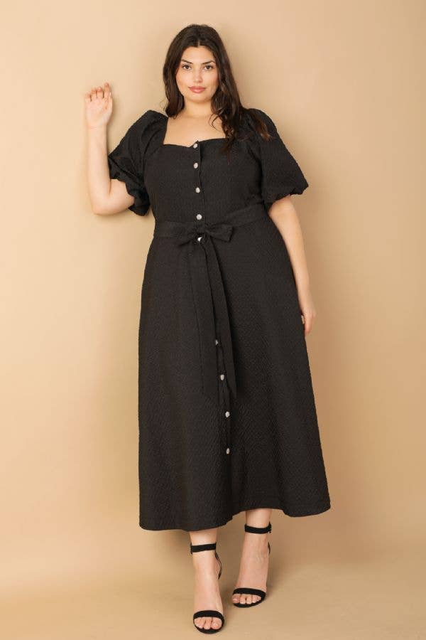 Plus size black textured woven midi dress