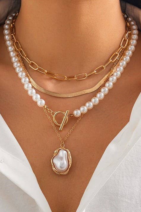 PEARL CHARM MULTILAYER PEARL GOLD MIX  NECKLACE