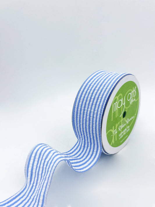 1.5" Wired Light Blue & White Seersucker Ribbon