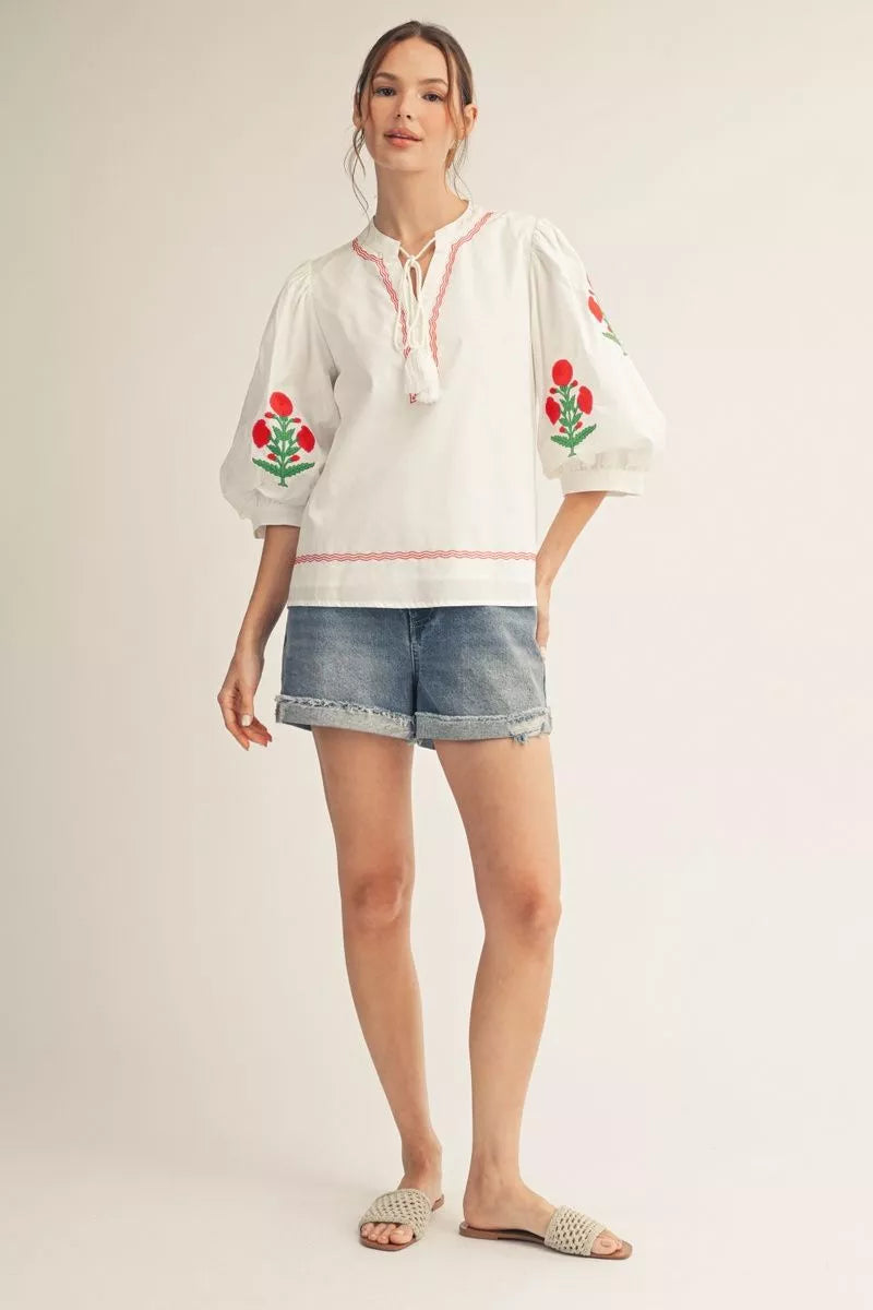 Embroidered Floral Peasant Blouse