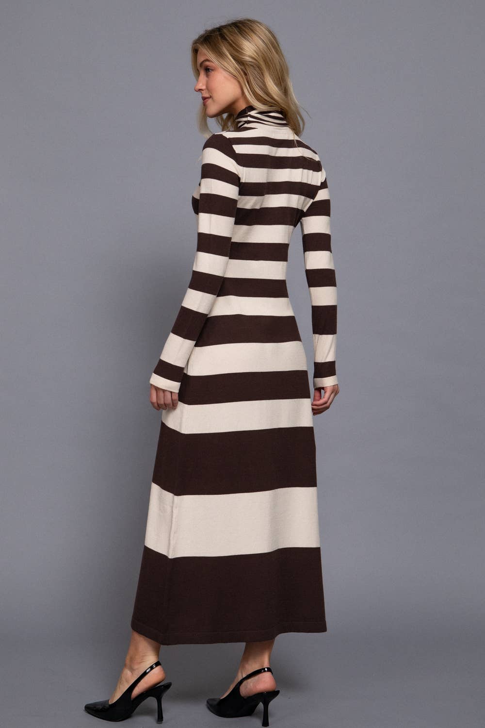 Timeless Long Sleeve Turtle Neck Rugby Stripe Maxi Dress