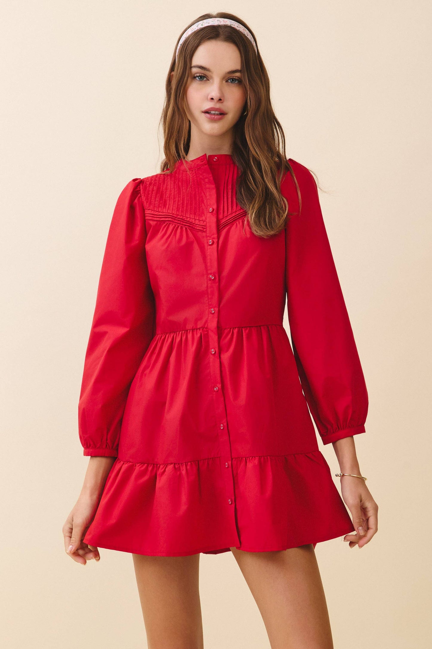 Pintuck Yoke Detail Button Front Mini Dress