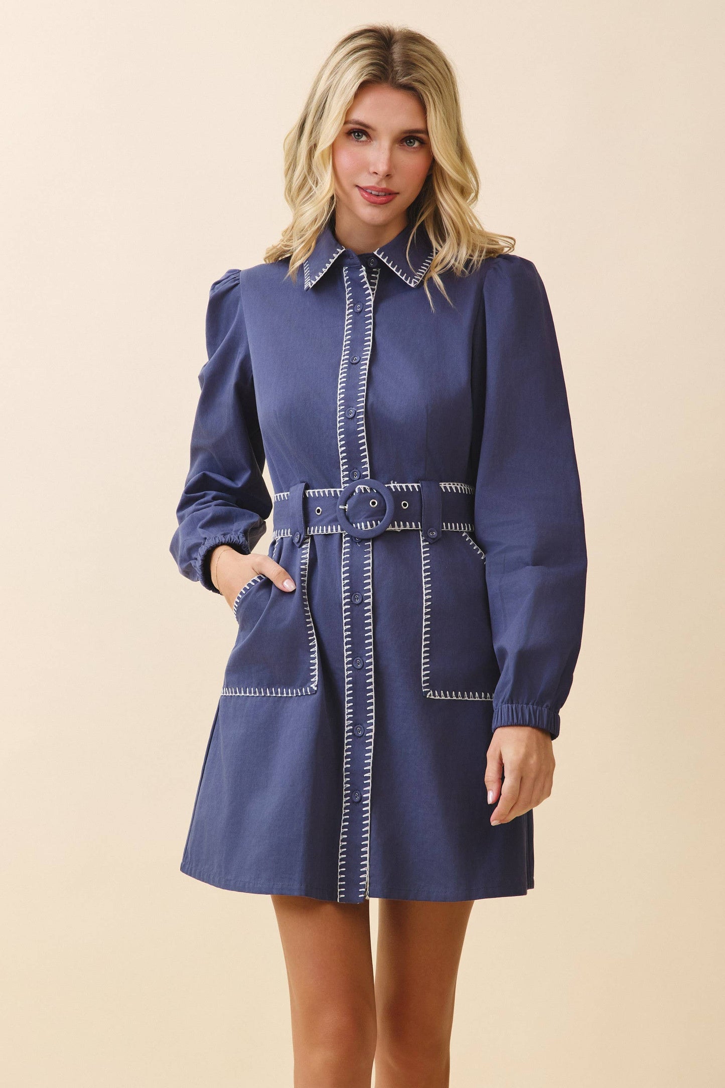 Contrast Whipstitch Belted Waist Shirt Dress