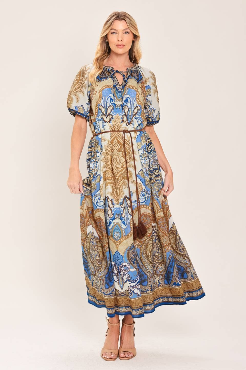 Blue & Mocha Paisley Belted Midi Dress