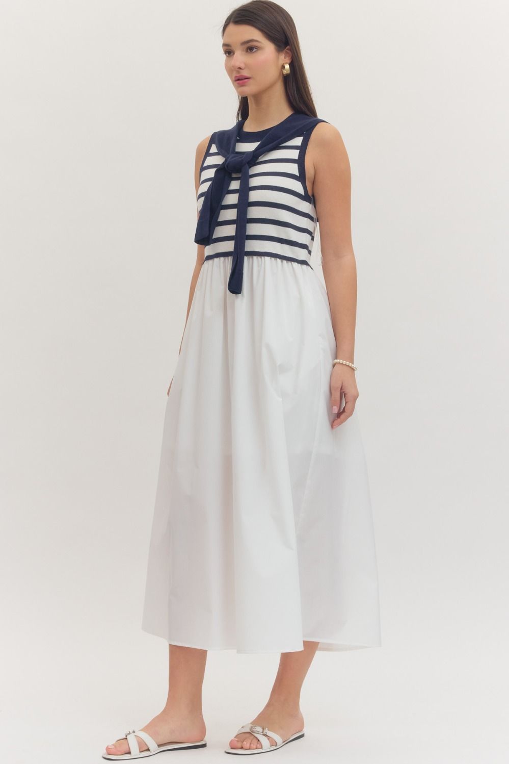 Striped Sleeveless Midi Dress with Sweater Overlay Detail