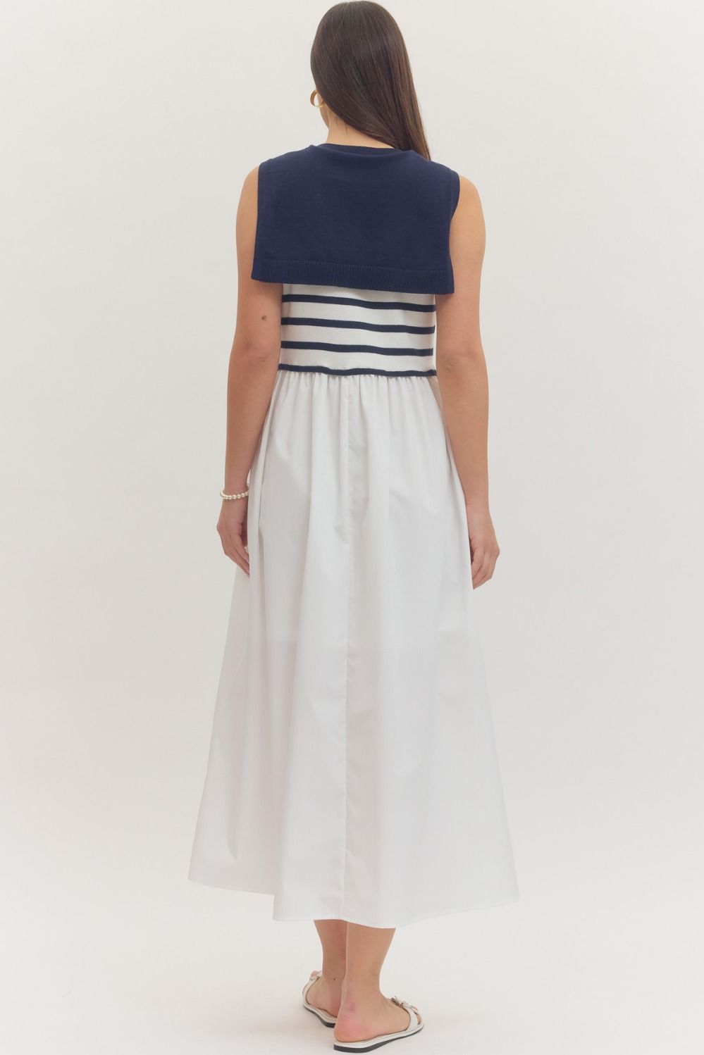 Striped Sleeveless Midi Dress with Sweater Overlay Detail