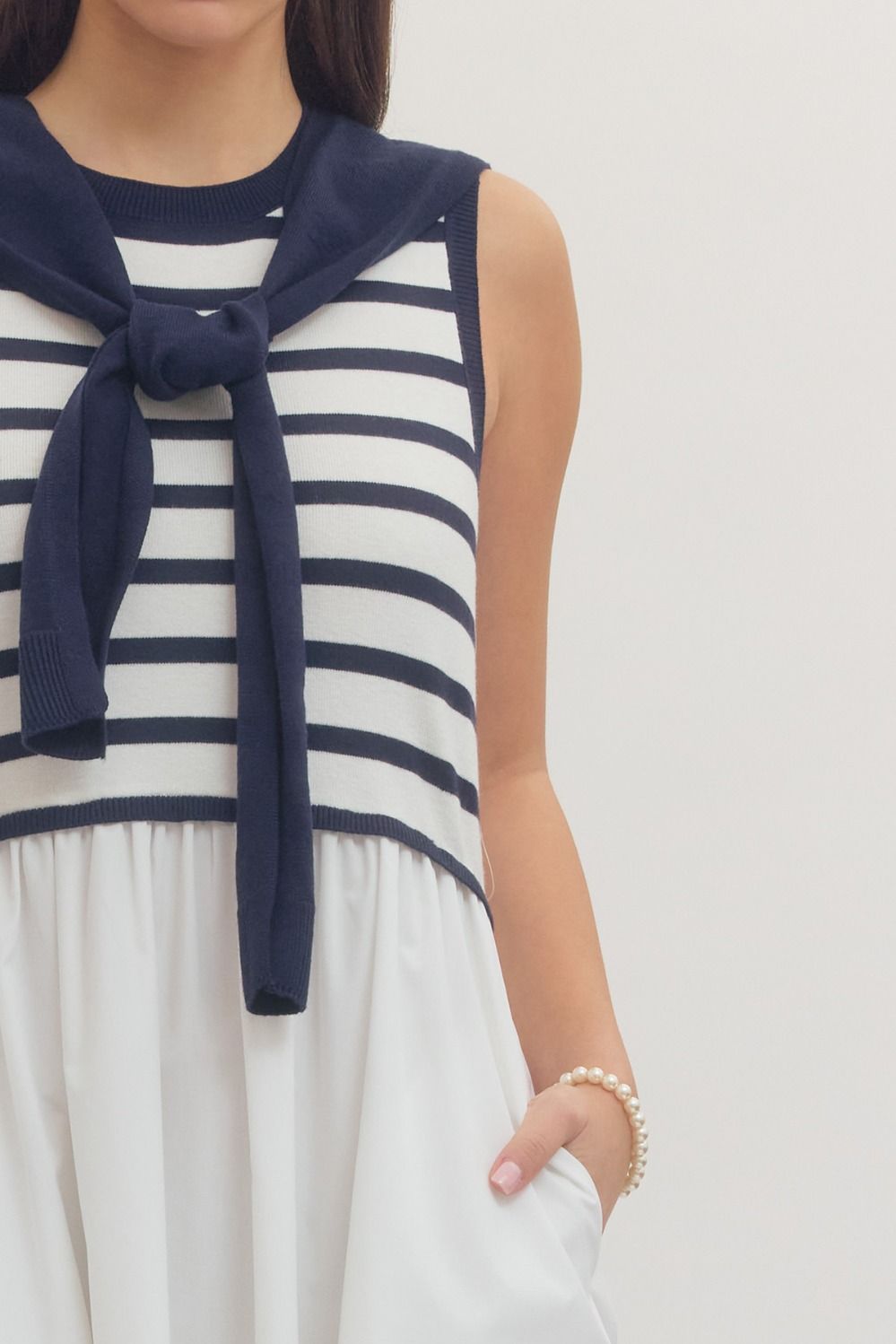Striped Sleeveless Midi Dress with Sweater Overlay Detail