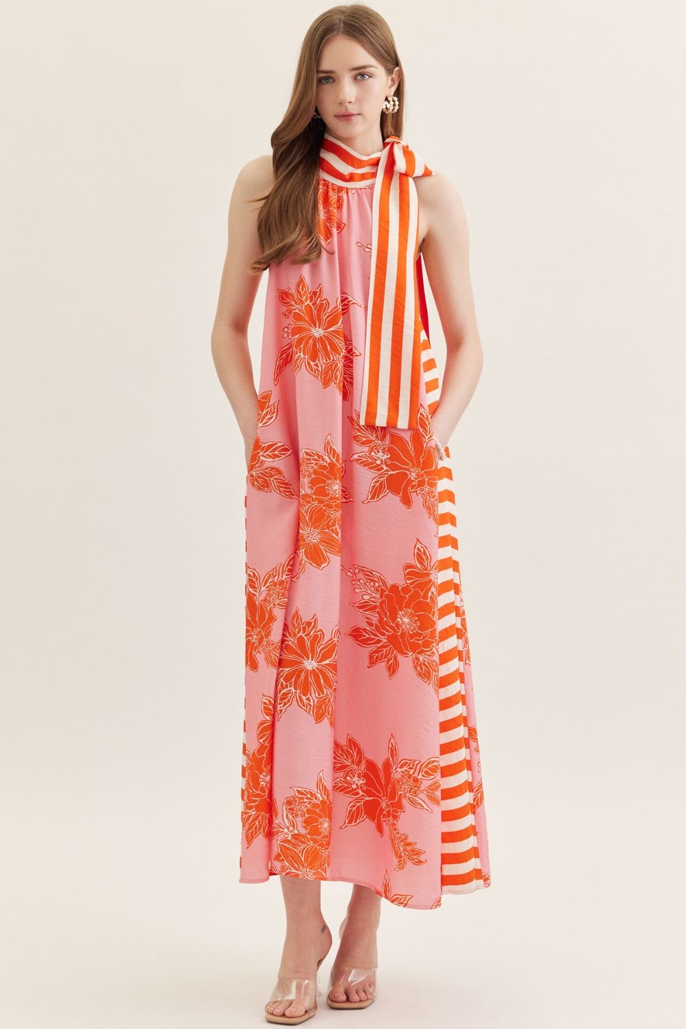 Botanical Print Sleeveless Midi Dress with Striped Tie Neck