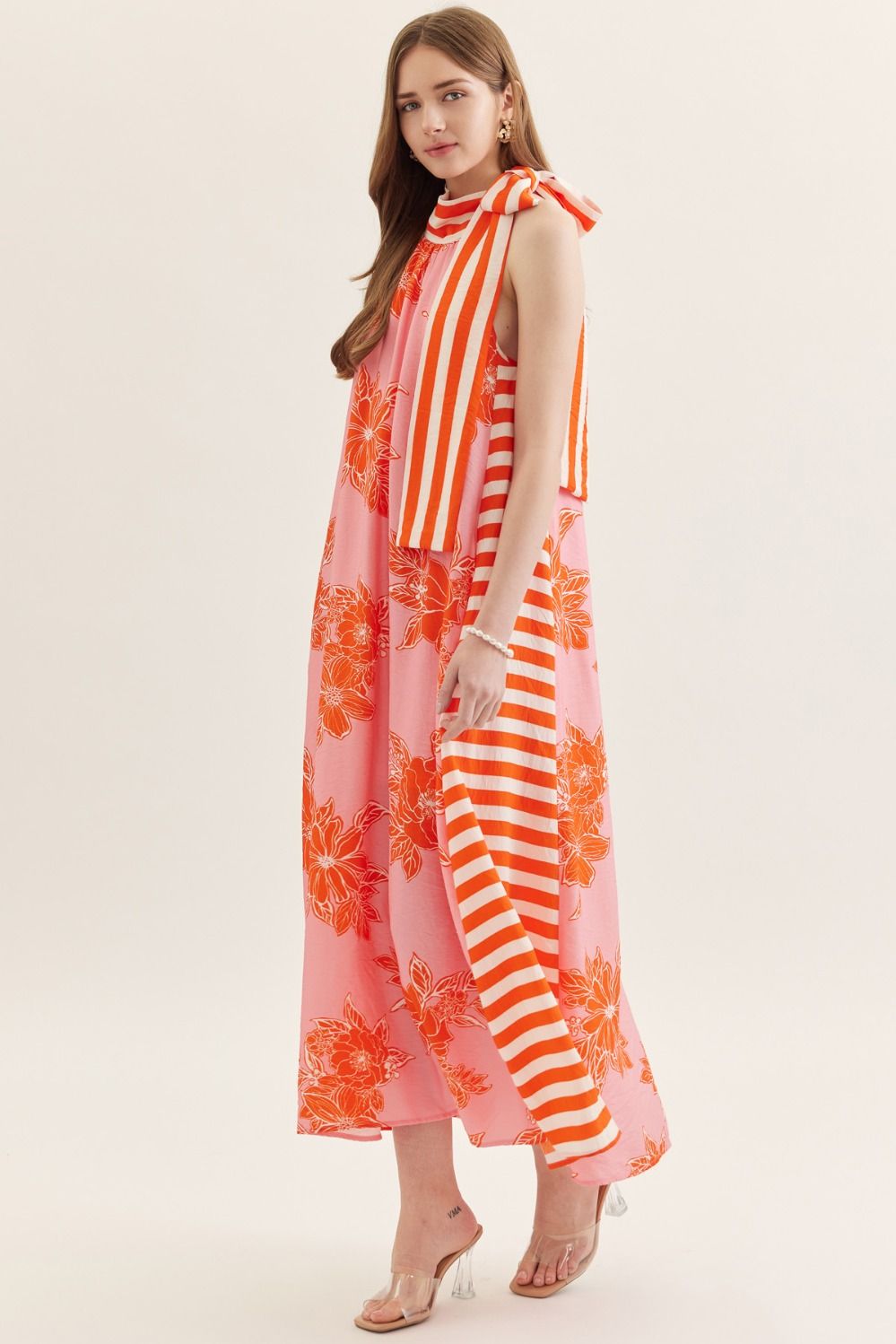 Botanical Print Sleeveless Midi Dress with Striped Tie Neck