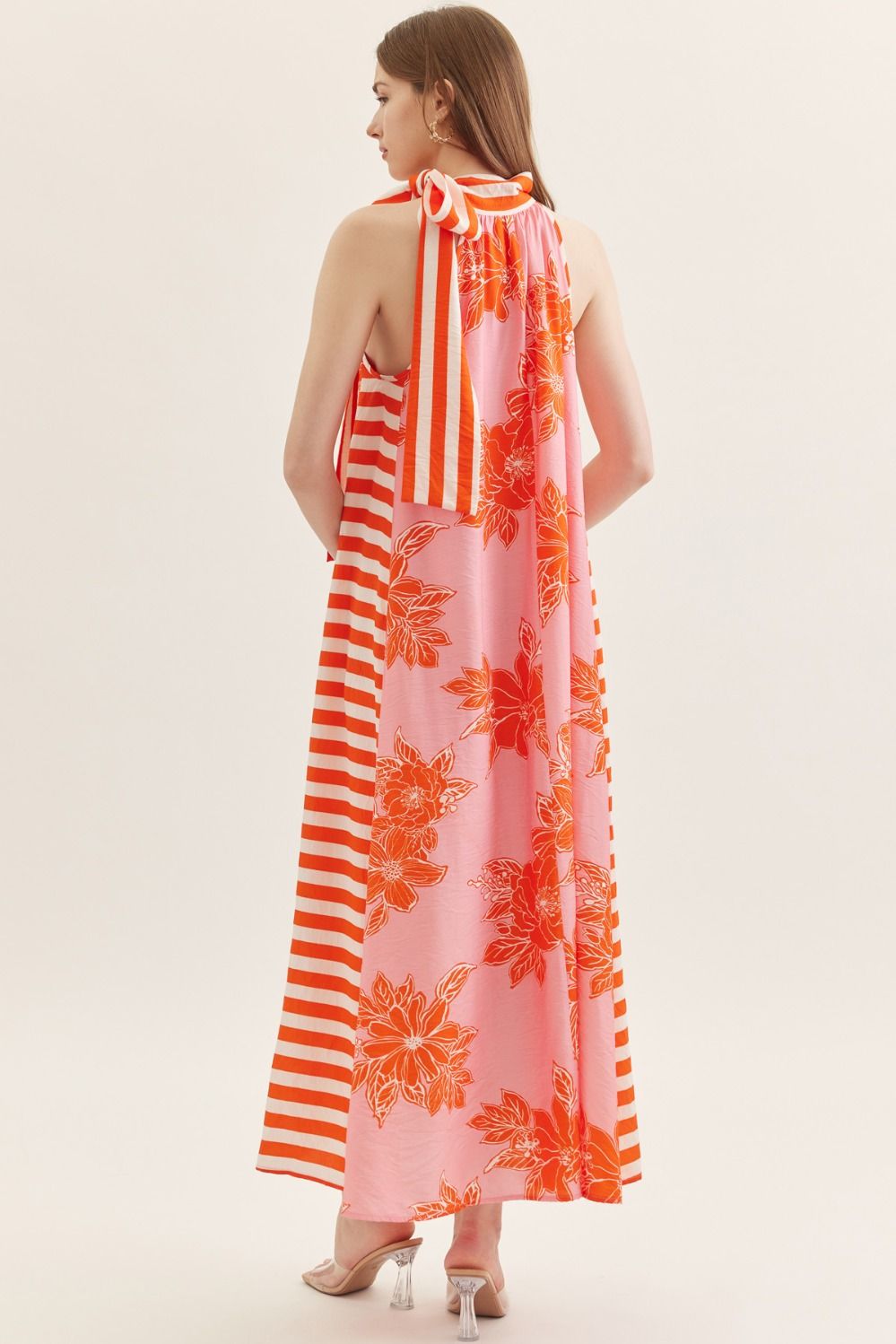 Botanical Print Sleeveless Midi Dress with Striped Tie Neck