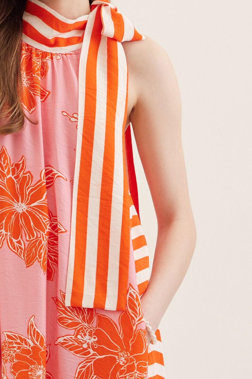 Botanical Print Sleeveless Midi Dress with Striped Tie Neck