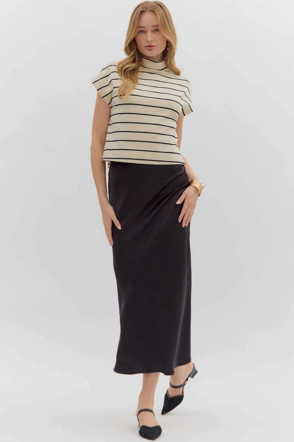 Black and Cream Striped Mock Neck Shirt