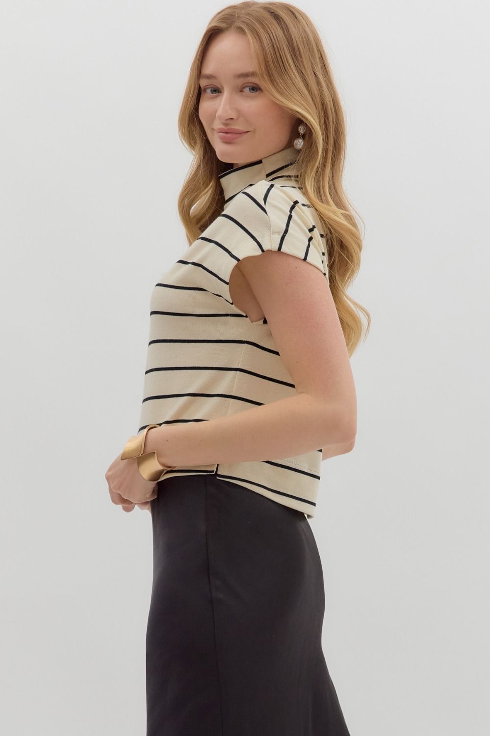 Black and Cream Striped Mock Neck Shirt