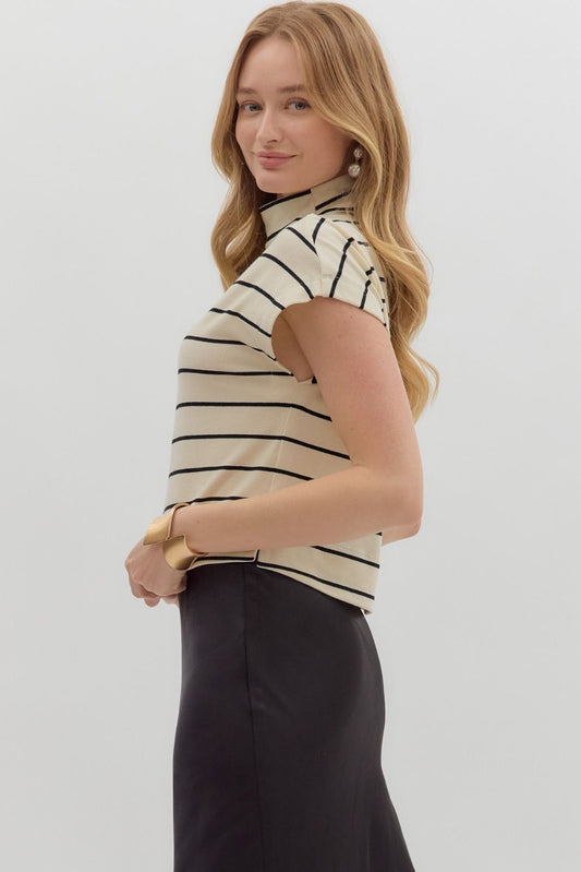 Black and Cream Striped Mock Neck Shirt