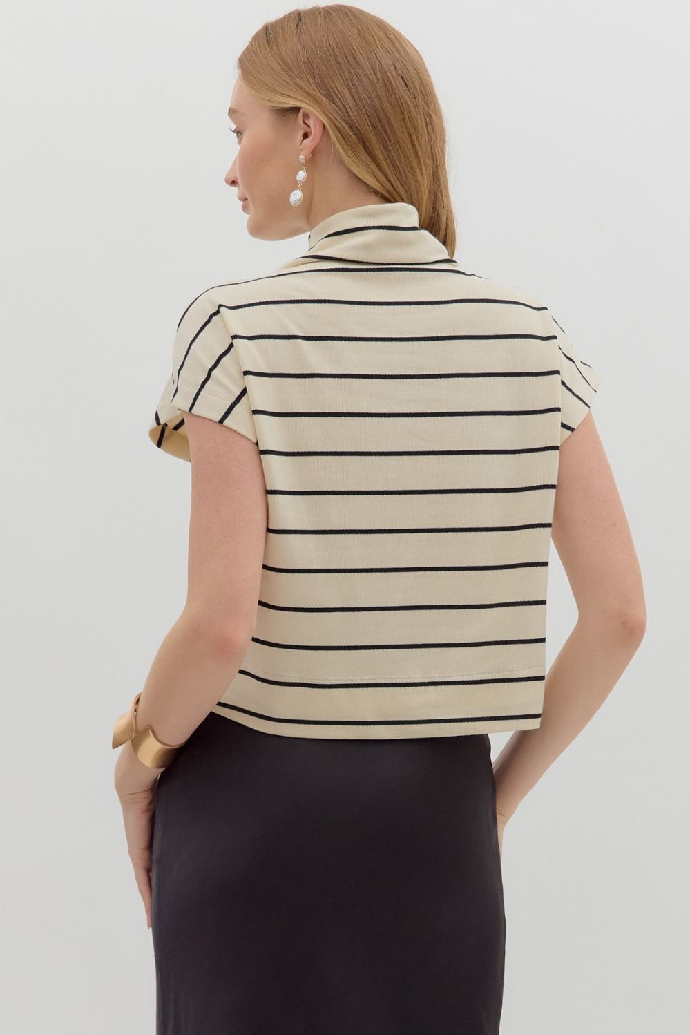 Black and Cream Striped Mock Neck Shirt