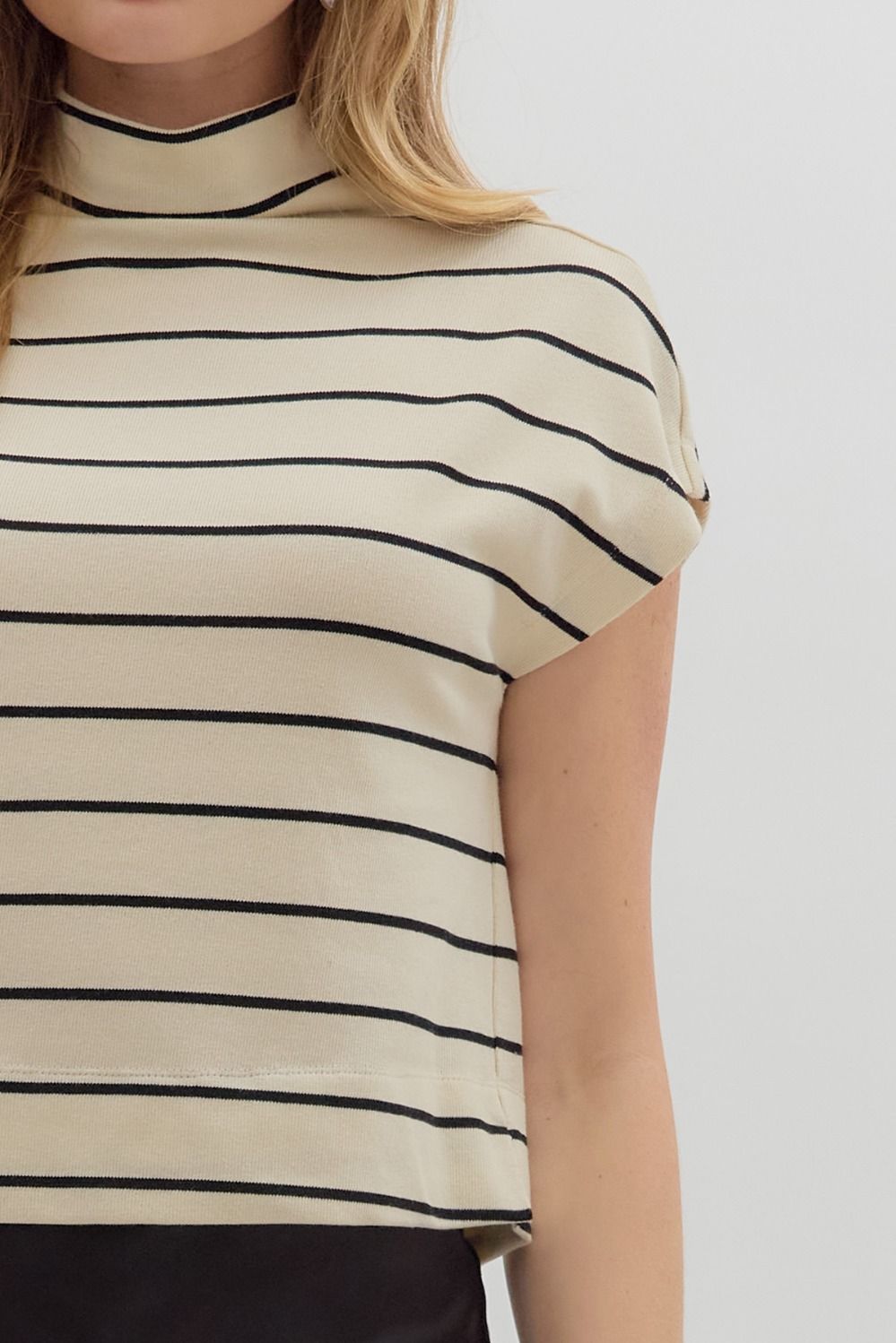 Black and Cream Striped Mock Neck Shirt