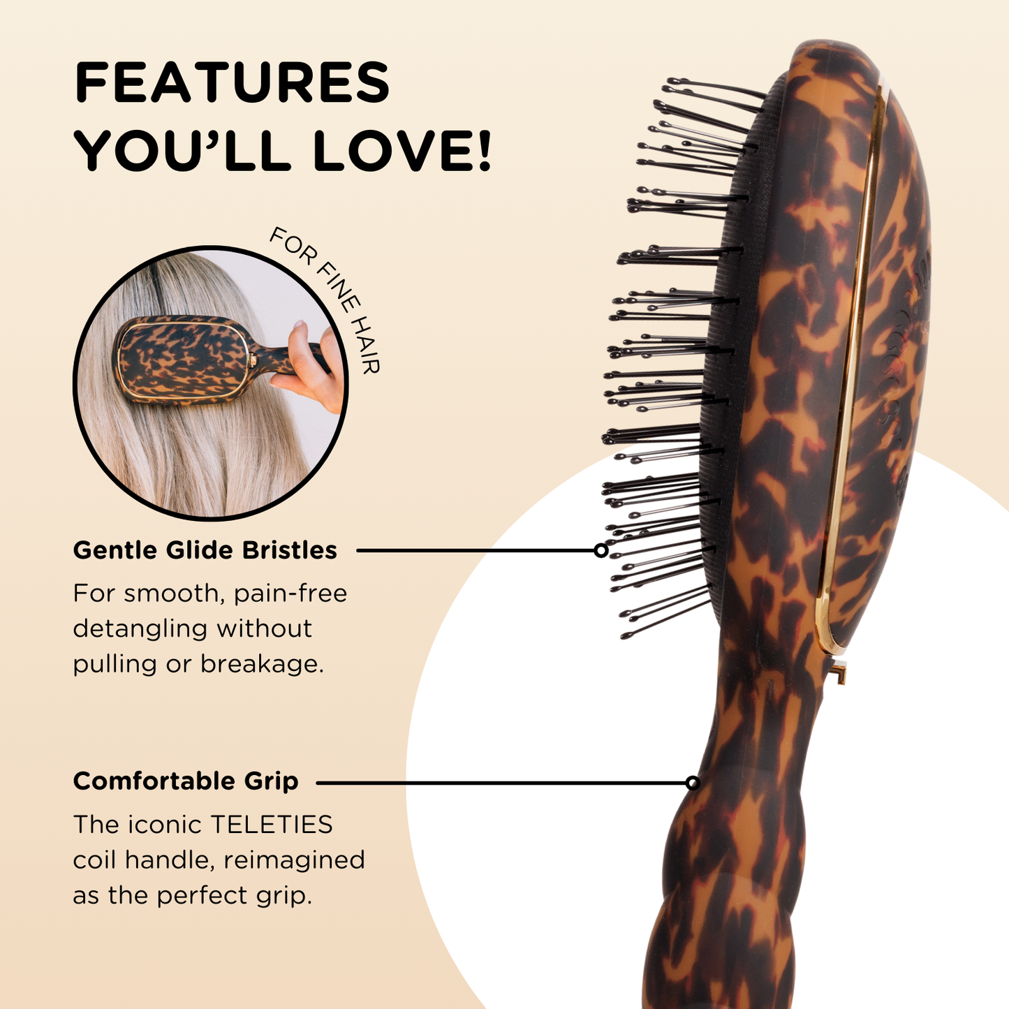 TELETIES® Detangler Hair Brush for Fine Hair – Tortoise