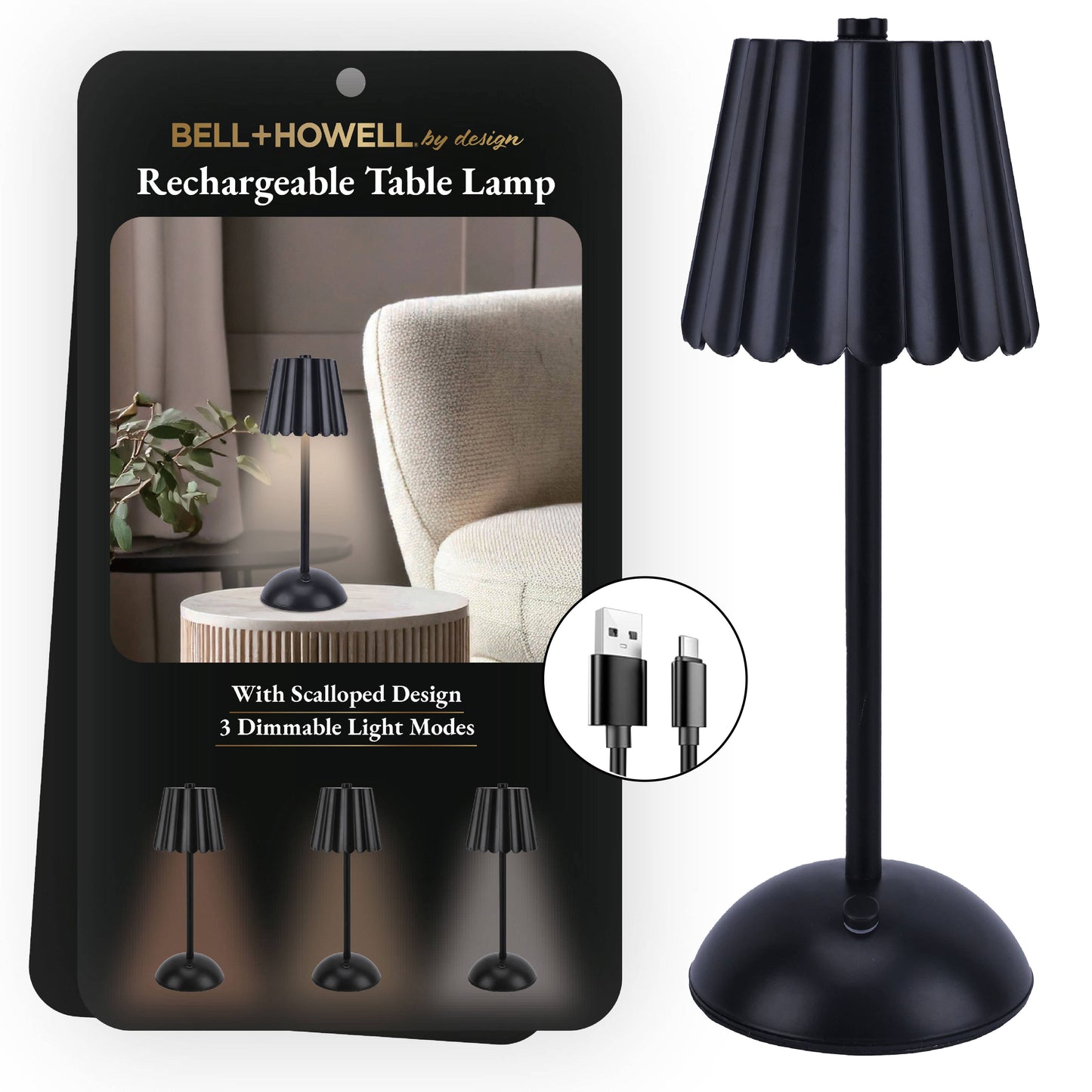 Rechargeable Scalloped Plastic Table Lamp in Black