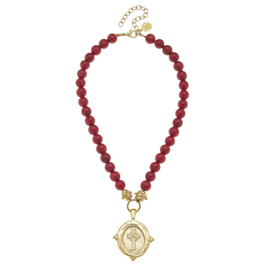 Susan Shaw Red Coral with Italian Cross Intaglio Necklace