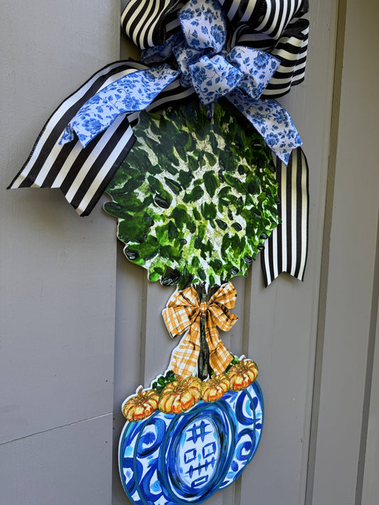 LARGE Designer Chinoiserie Pumpkin Topiary Door Hanger