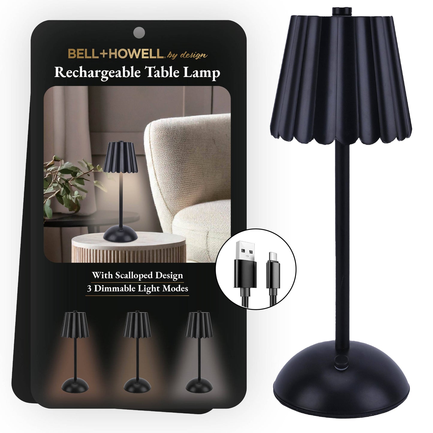 Rechargeable Scalloped Plastic Table Lamp in Black