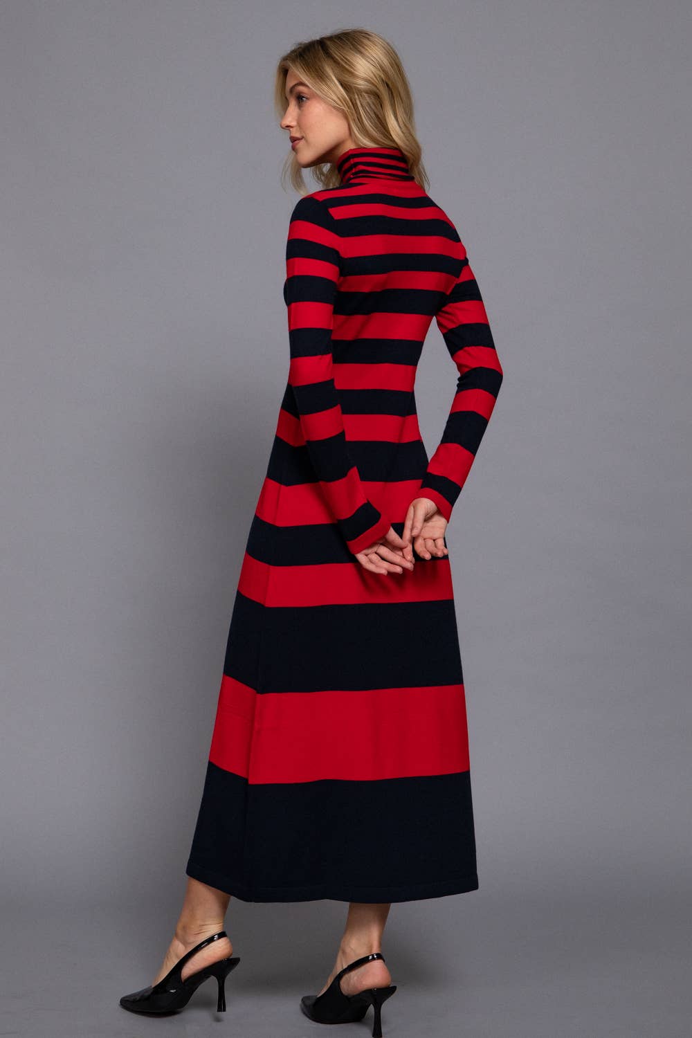 Timeless Long Sleeve Turtle Neck Rugby Stripe Maxi Dress