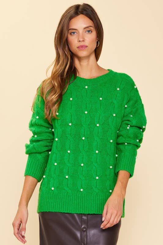✨ Skies Are Blue — Long Sleeve Pearl Detail Cable Sweater