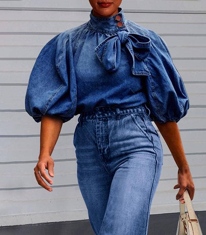 3/4 sleeve loose puff sleeve denim blouse