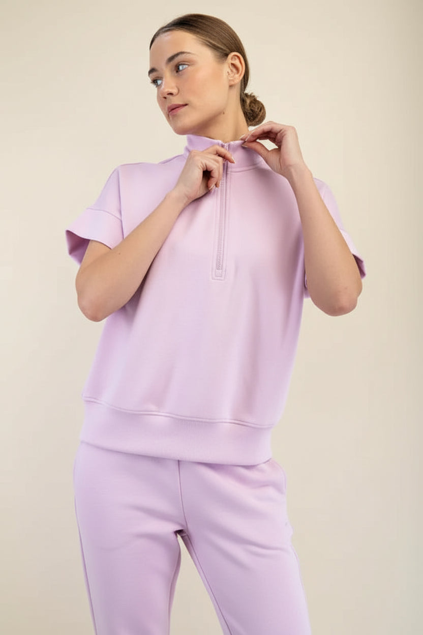 Modal Poly Span Quarter Zip Short Sleeve Top and Scuba Straight Pant - Blossom