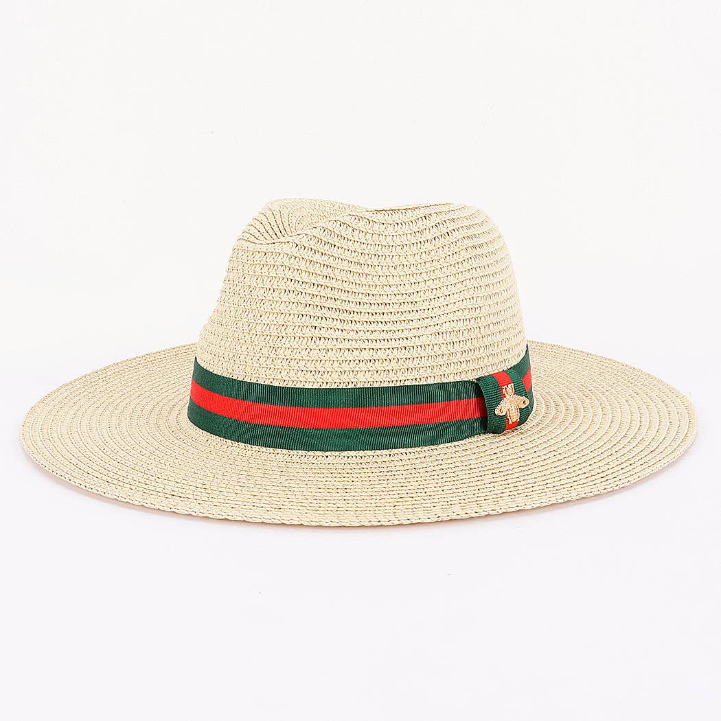Faux Straw Fedora Hat with Bee Detail