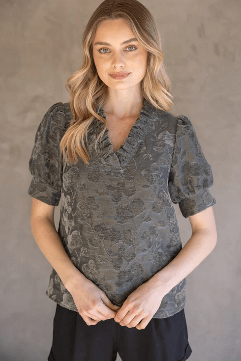 Ruffled V Neckline Floral Velvet Top- Charcoal