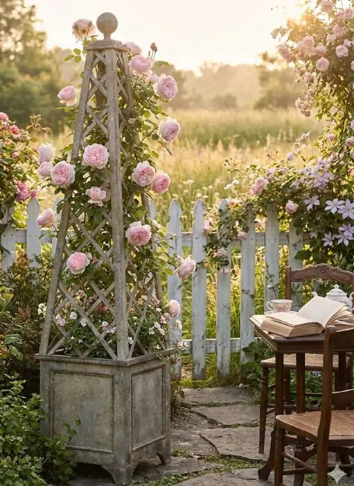 Porch View Aged Metal Trellis Planter